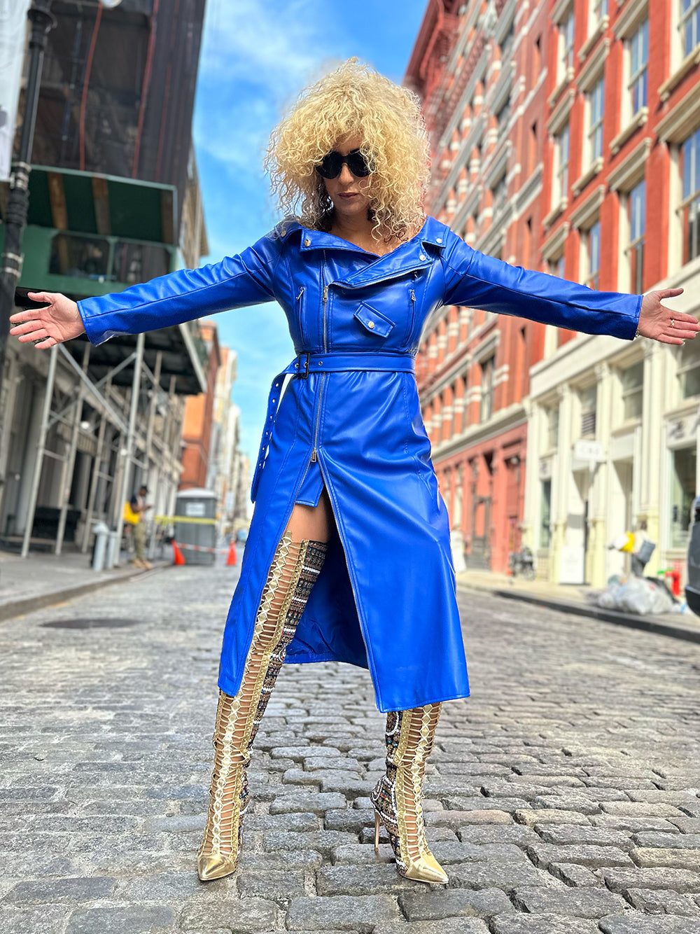 Royal Blue Off-Shoulder Long Sleeve Zip Front Belted Leather Maxi Dress 9