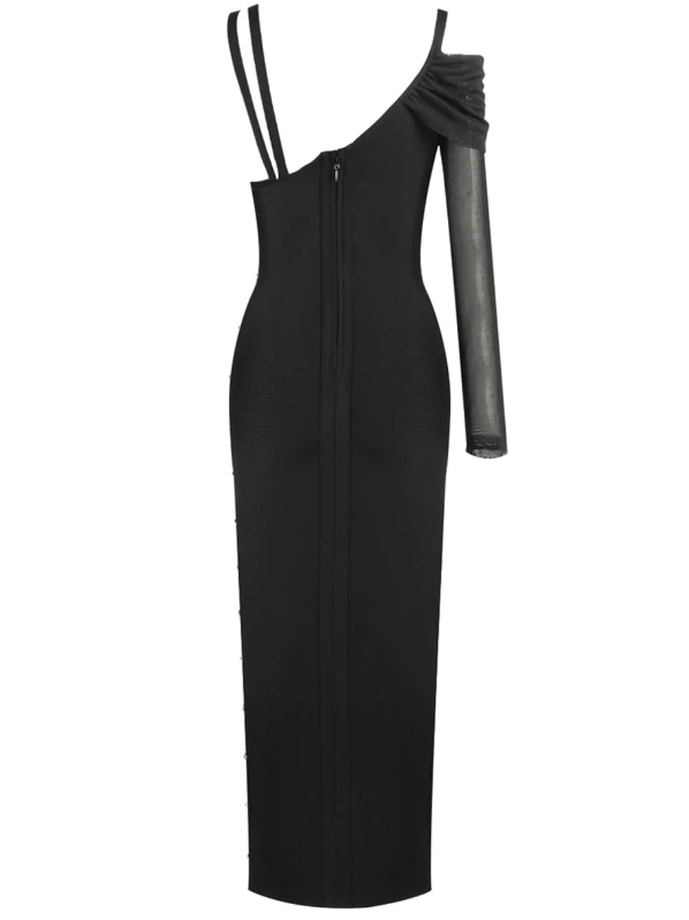 Black One Shoulder Long Sleeve Safety Pin High Slit Bodycon Midi Dress 6