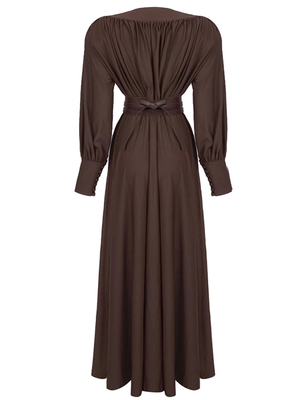 Brown Plunge V-Neck Ruched Crossover Waist Long Sleeve A-Line Maxi Dress