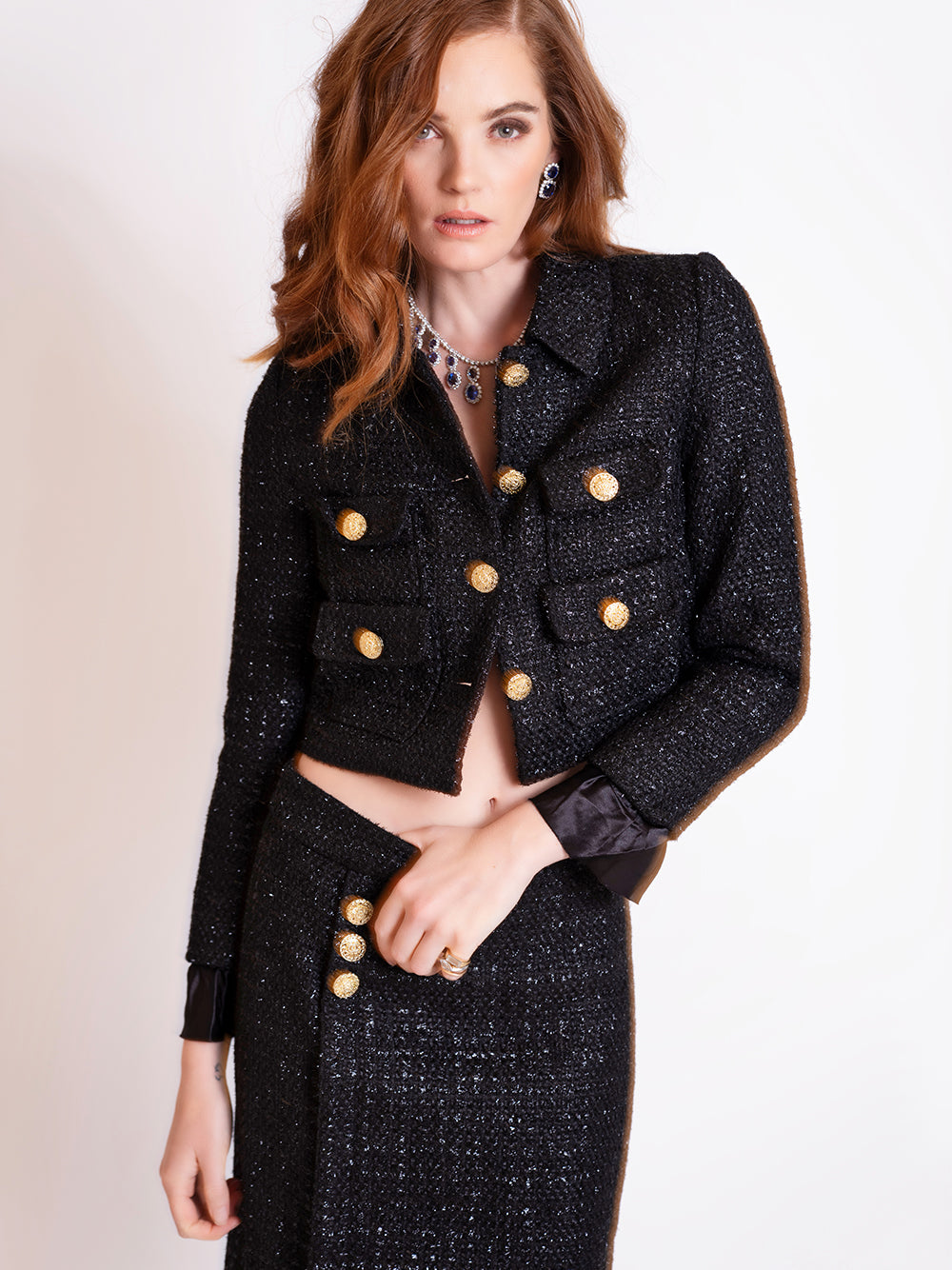 Black Bow Brooch Gold Button Tweed Jacket and Fringe Skirt Set 16