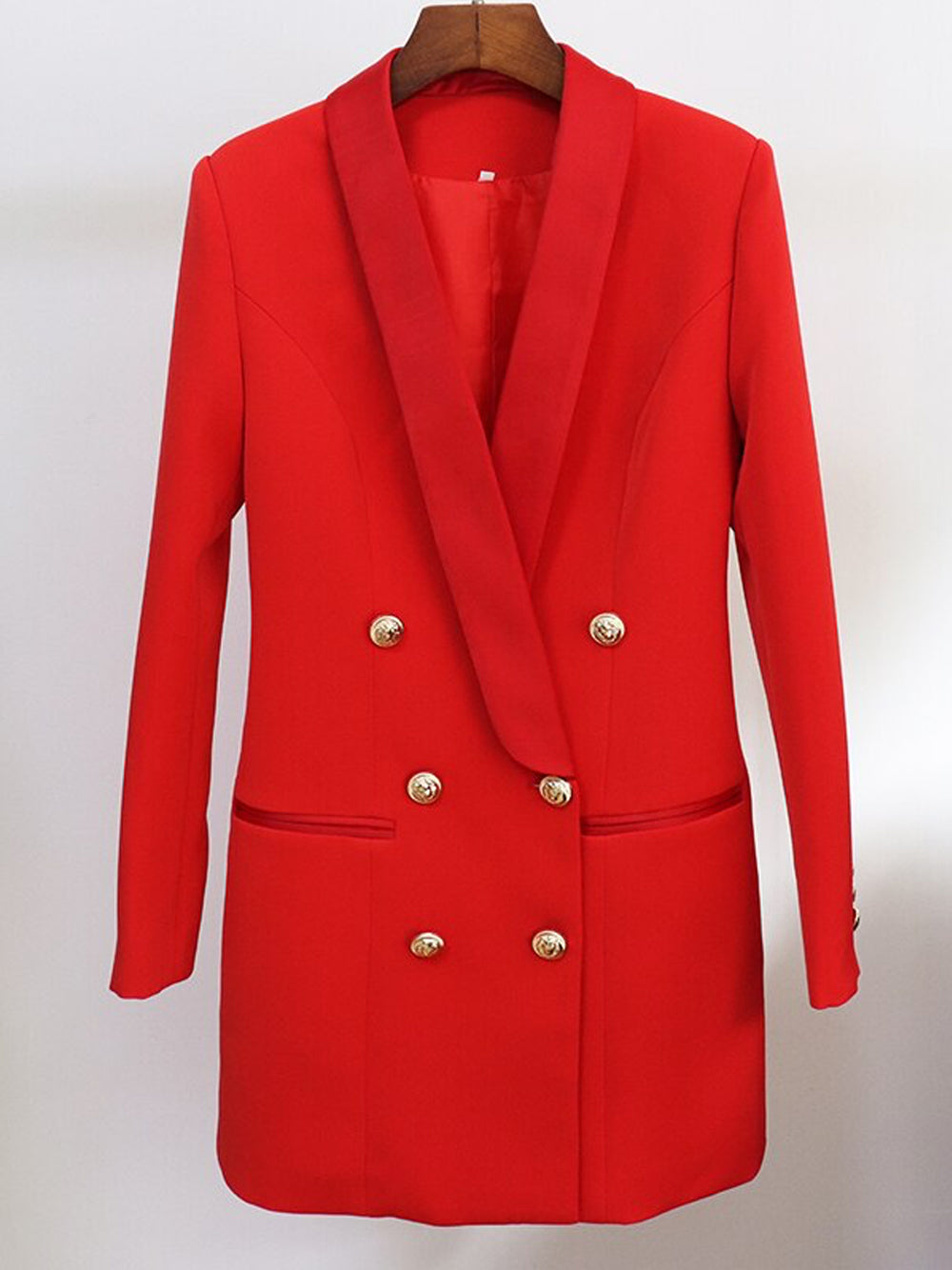 Red Shawl Collar Double Breasted Gold Button Blazer Dress