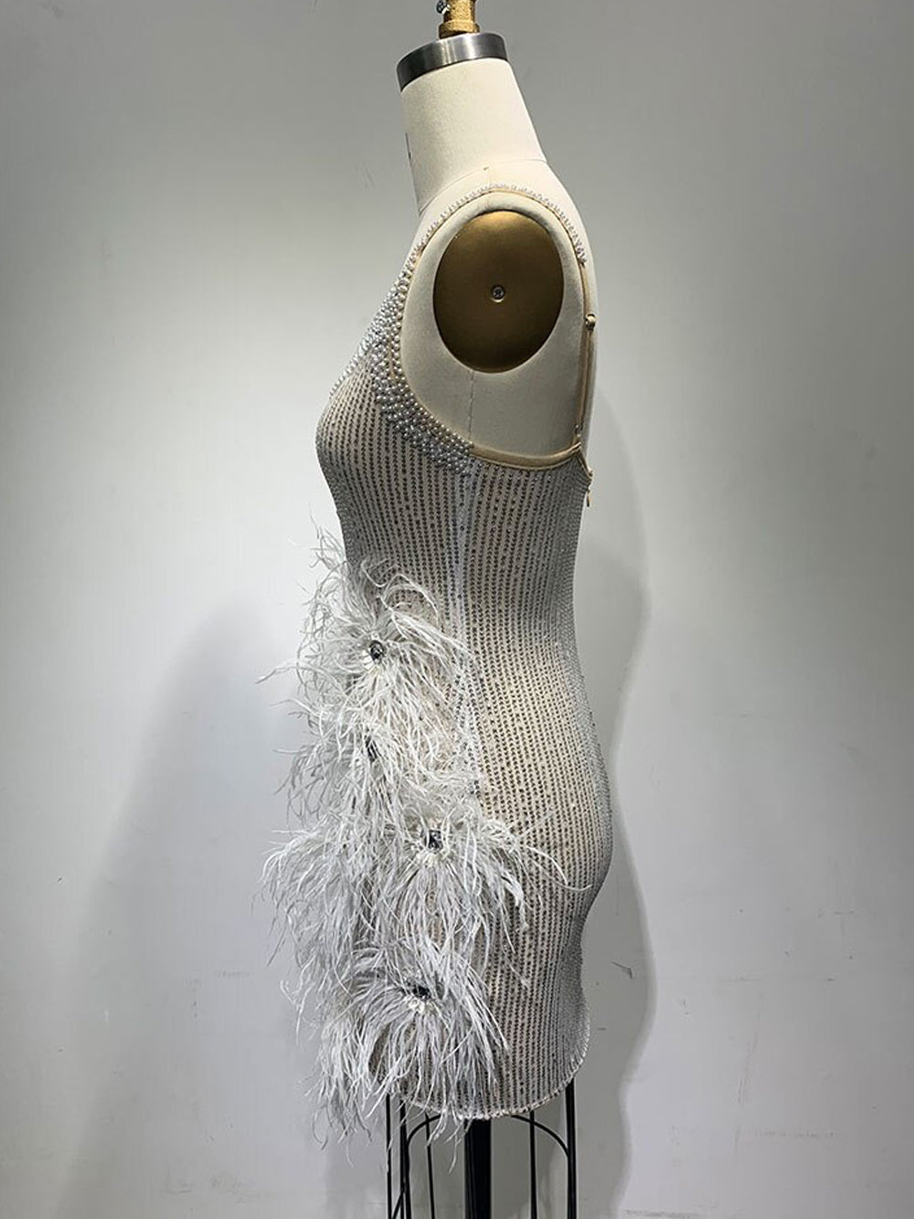 White Spaghetti Strap V-Neck Rhinestone Feather Trim Bodycon Mini Dress 11