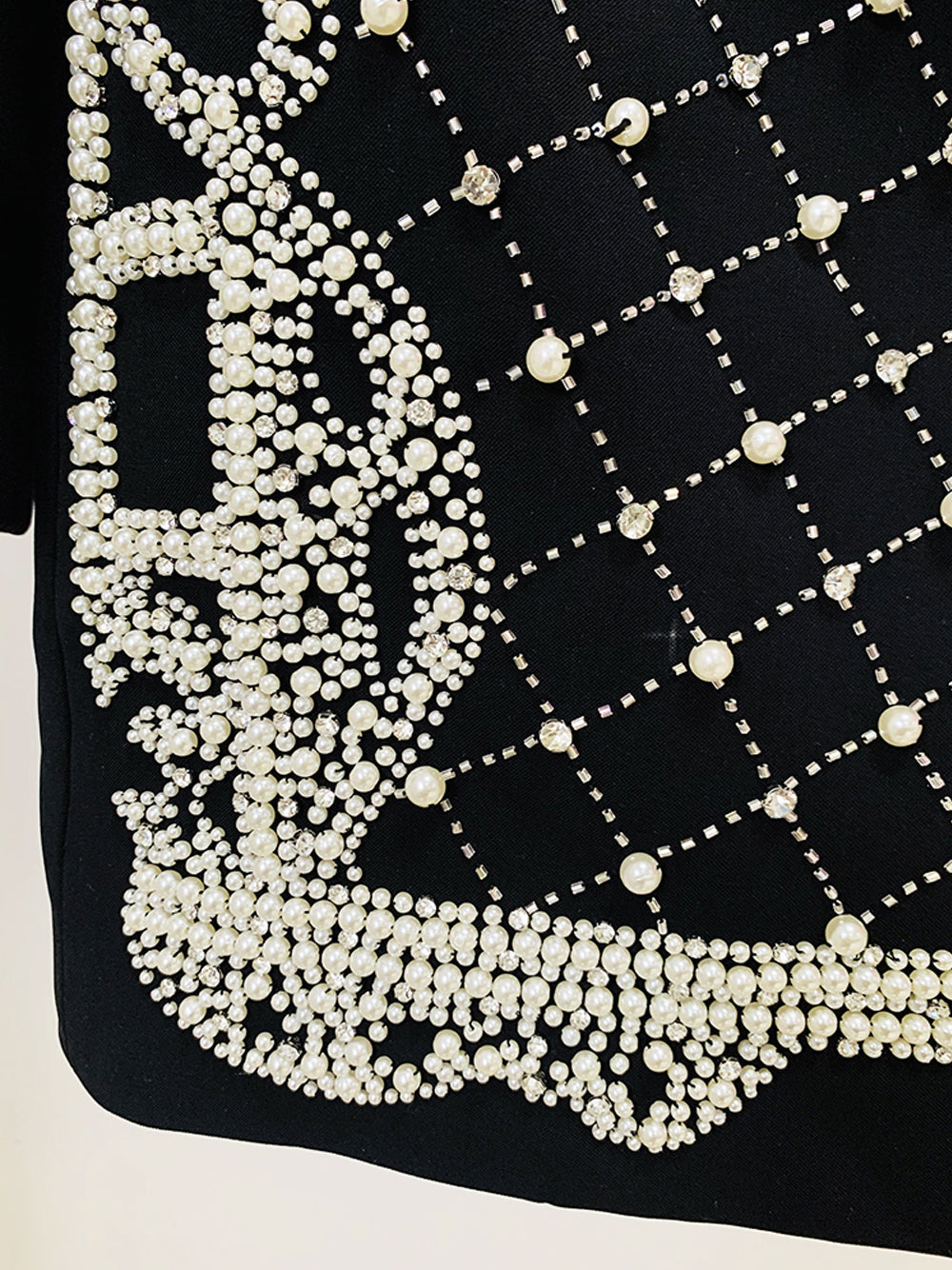Black Shawl Lapel Pearl Beaded Rhinestone Long Sleeve Blazer Mini Dress