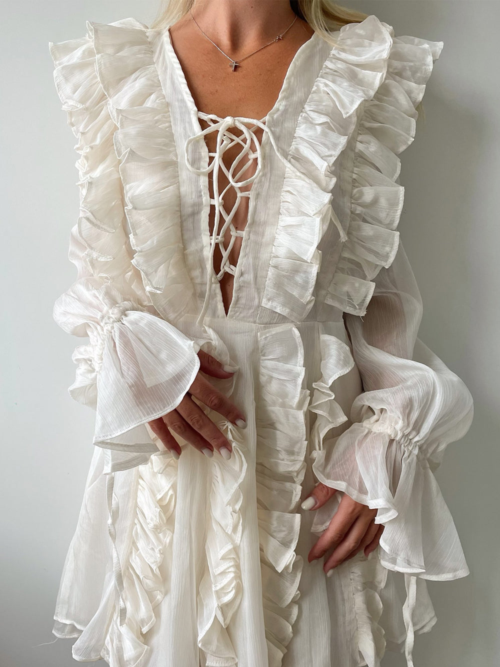 Beige V-Neck Tie Front Ruffle Tiered Sheer Chiffon Mini Dress