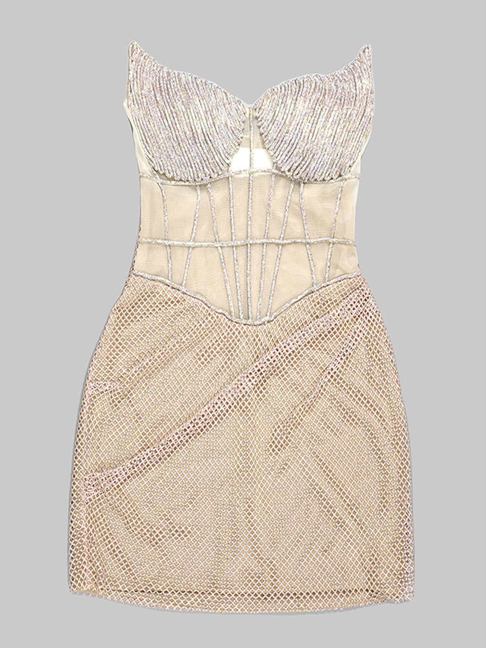 Beige Halter Rhinestone Cup Corset Crystal Fishnet Bodycon Mini Dress