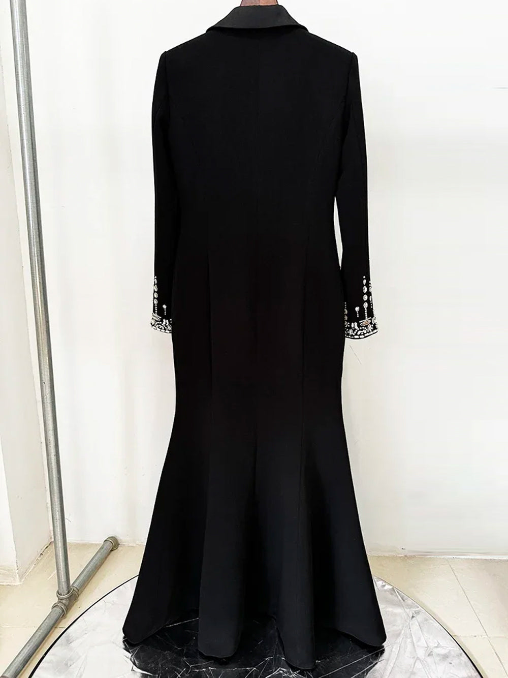Black Notch Lapel Crystal Pocket Long Sleeve High Slit Blazer Maxi Dress 14