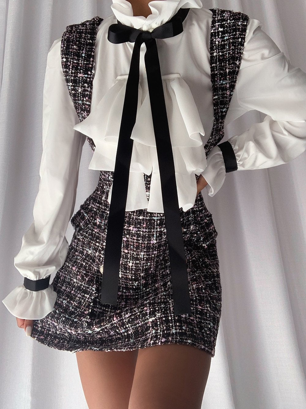 Gray Ruffle Tie Neck Blouse Tweed Pinafore Mini Skirt Set 12