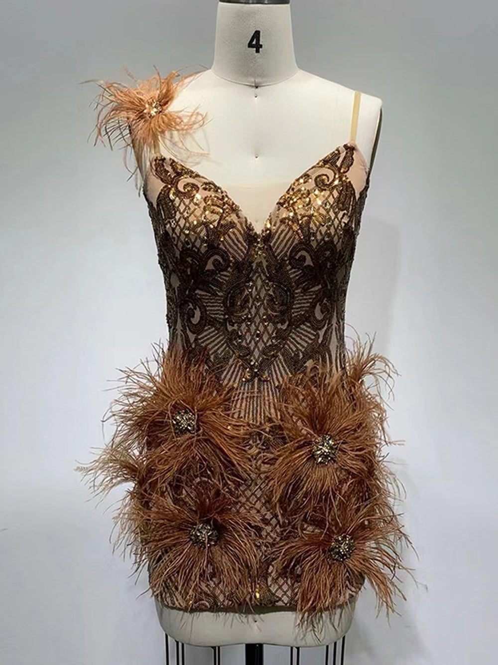 V-Neck Spaghetti Strap Sequin Feather Trim Bodycon Mini Dress 11