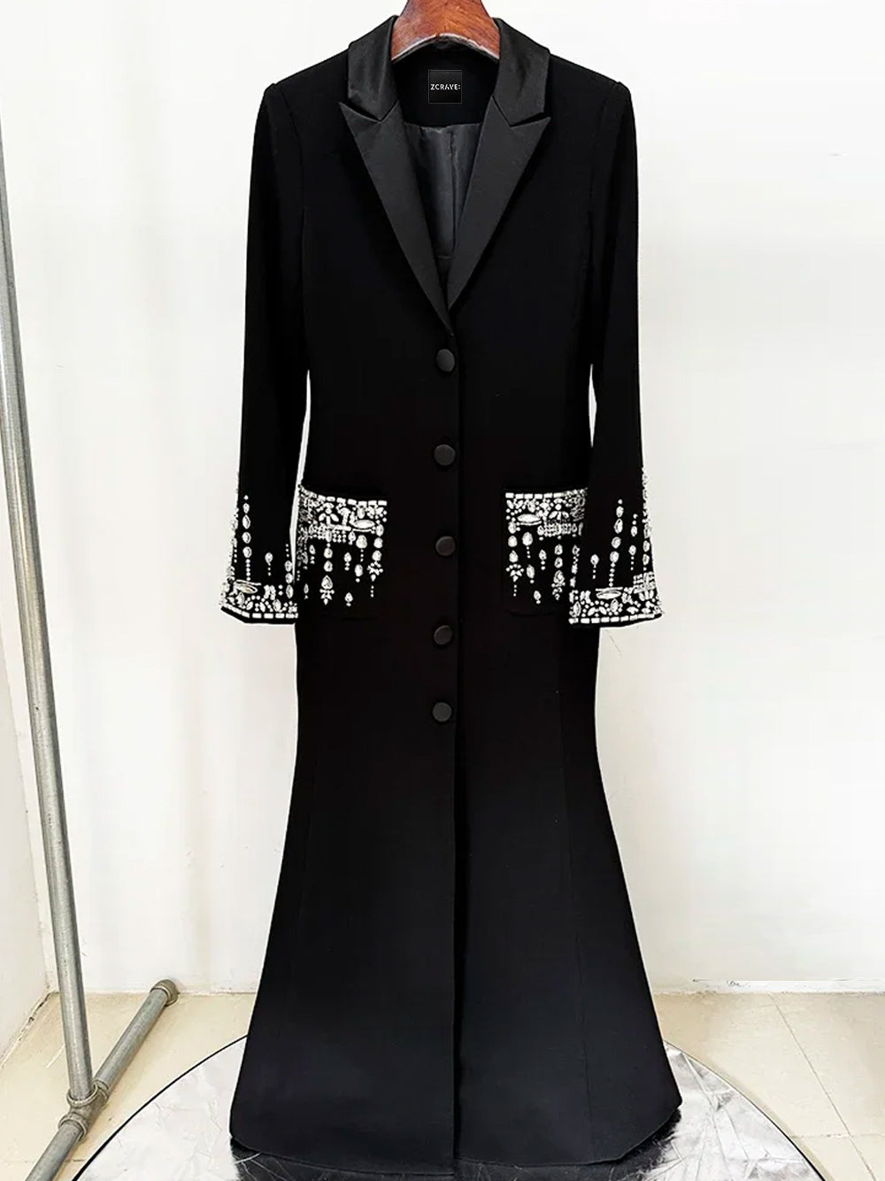 Black Notch Lapel Crystal Pocket Long Sleeve High Slit Blazer Maxi Dress 13