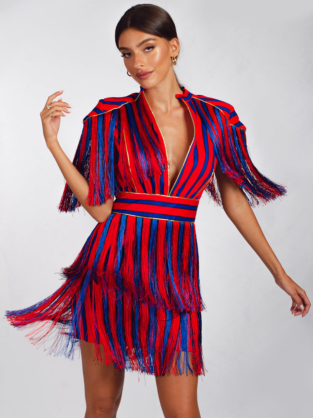 Red Collared V-Neck Striped Fringe Tassel Short Sleeve Mini Dress