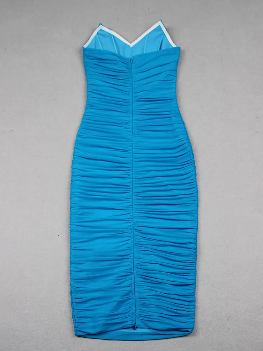 Blue Strapless Sweetheart Ruched Bodycon Midi Dress