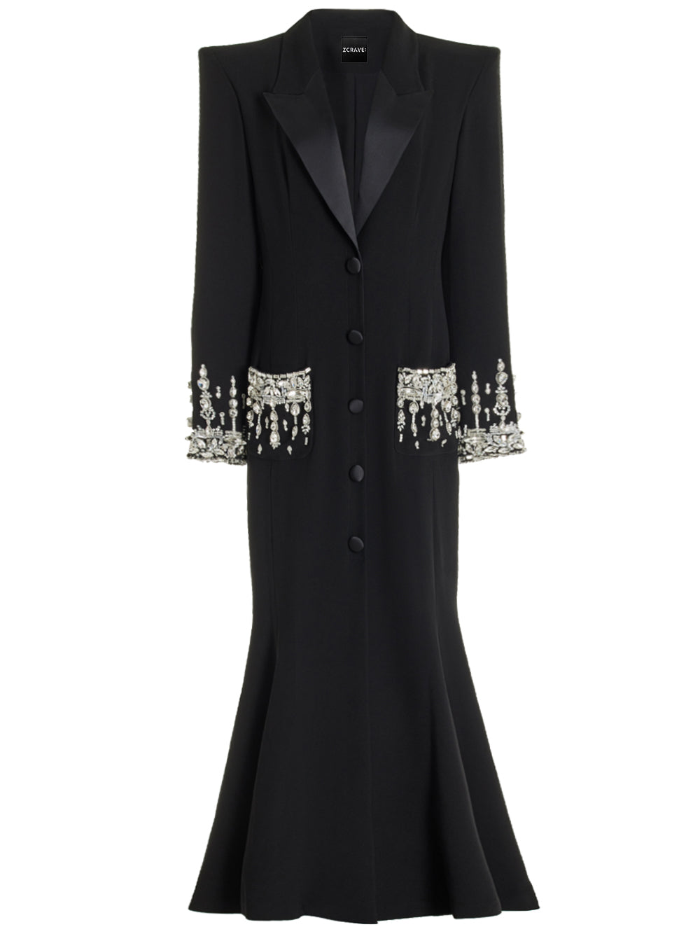 Black Notch Lapel Crystal Pocket Long Sleeve High Slit Blazer Maxi Dress 6
