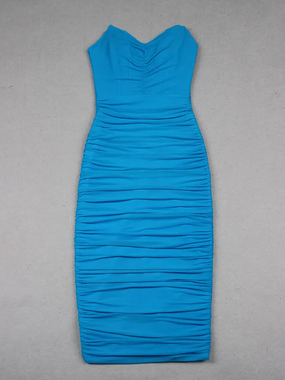 Blue Strapless Sweetheart Ruched Bodycon Midi Dress