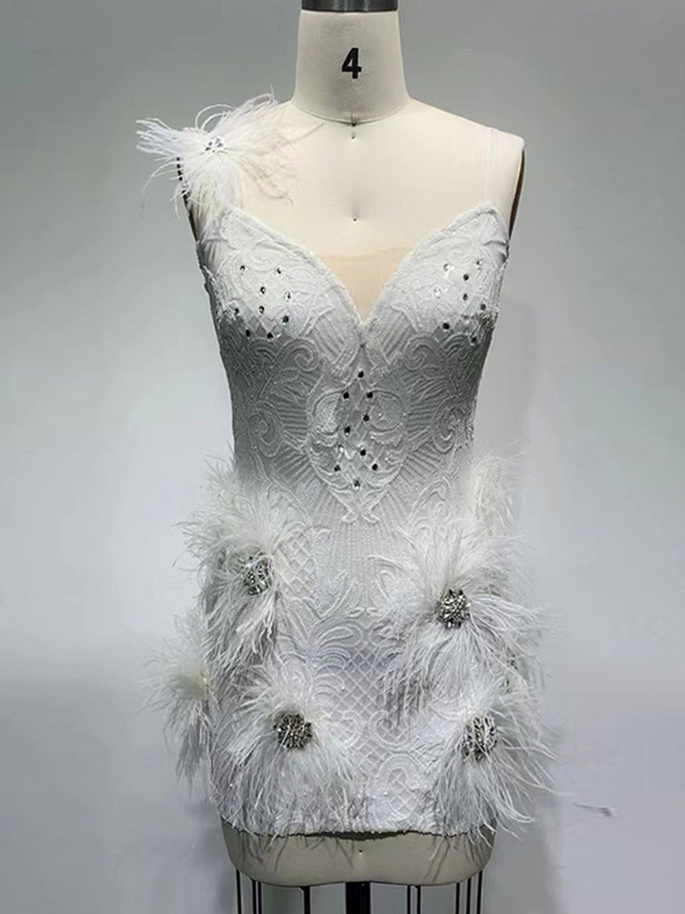 V-Neck Spaghetti Strap Sequin Feather Trim Bodycon Mini Dress 12
