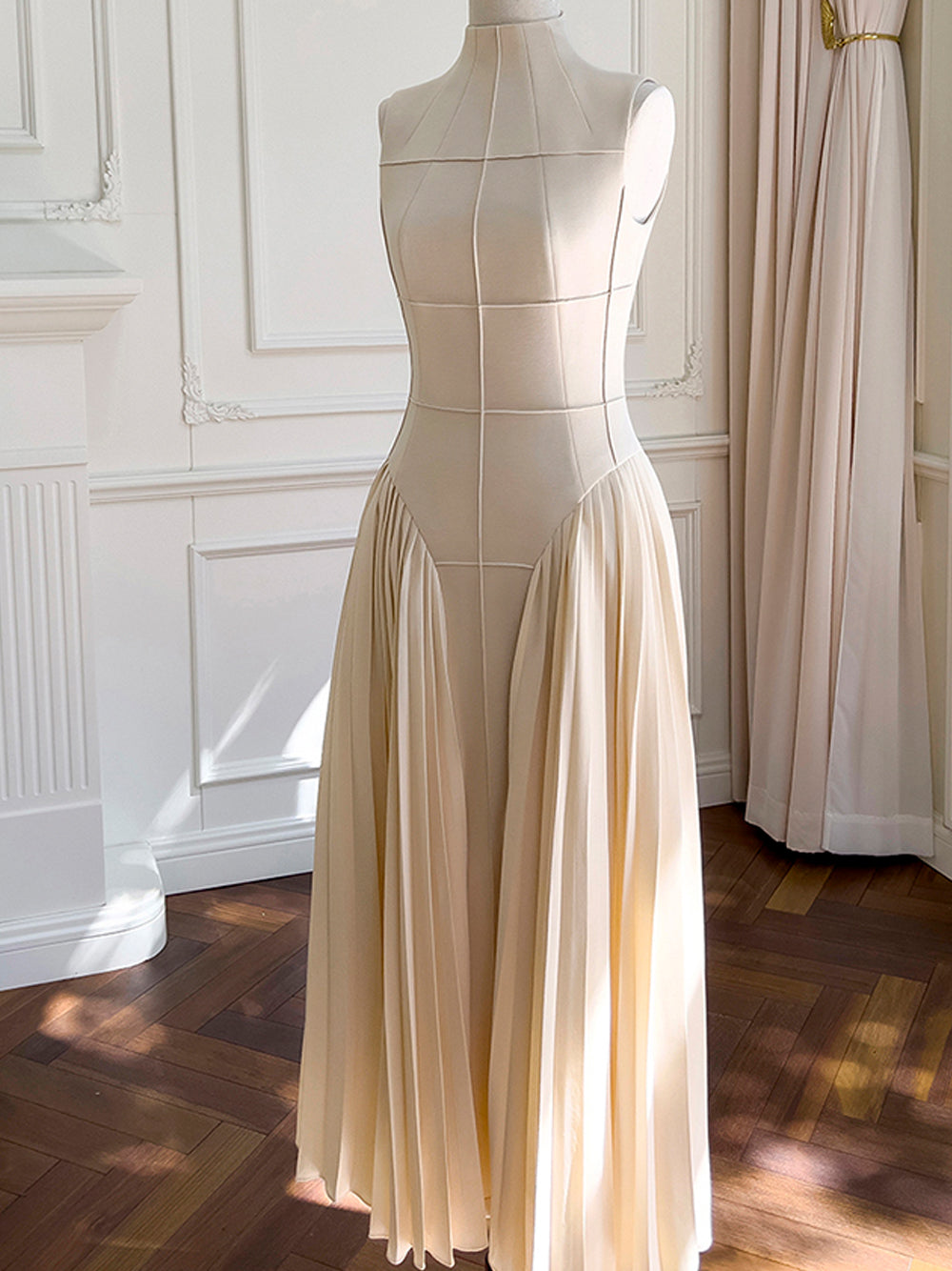 Apricot Mock Neck Sleeveless Grid Seam Pleated Fit And Flare Midi Dress
