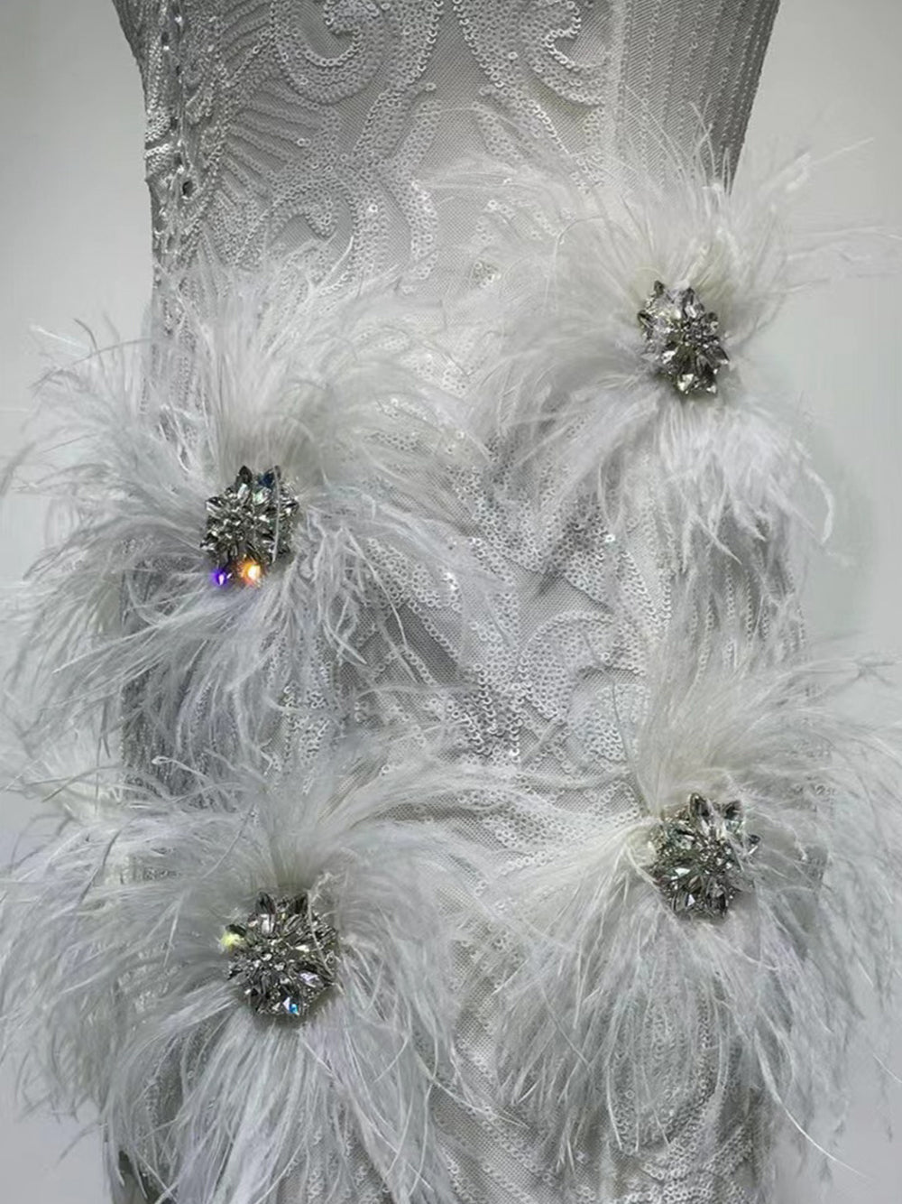 V-Neck Spaghetti Strap Sequin Feather Trim Bodycon Mini Dress 17
