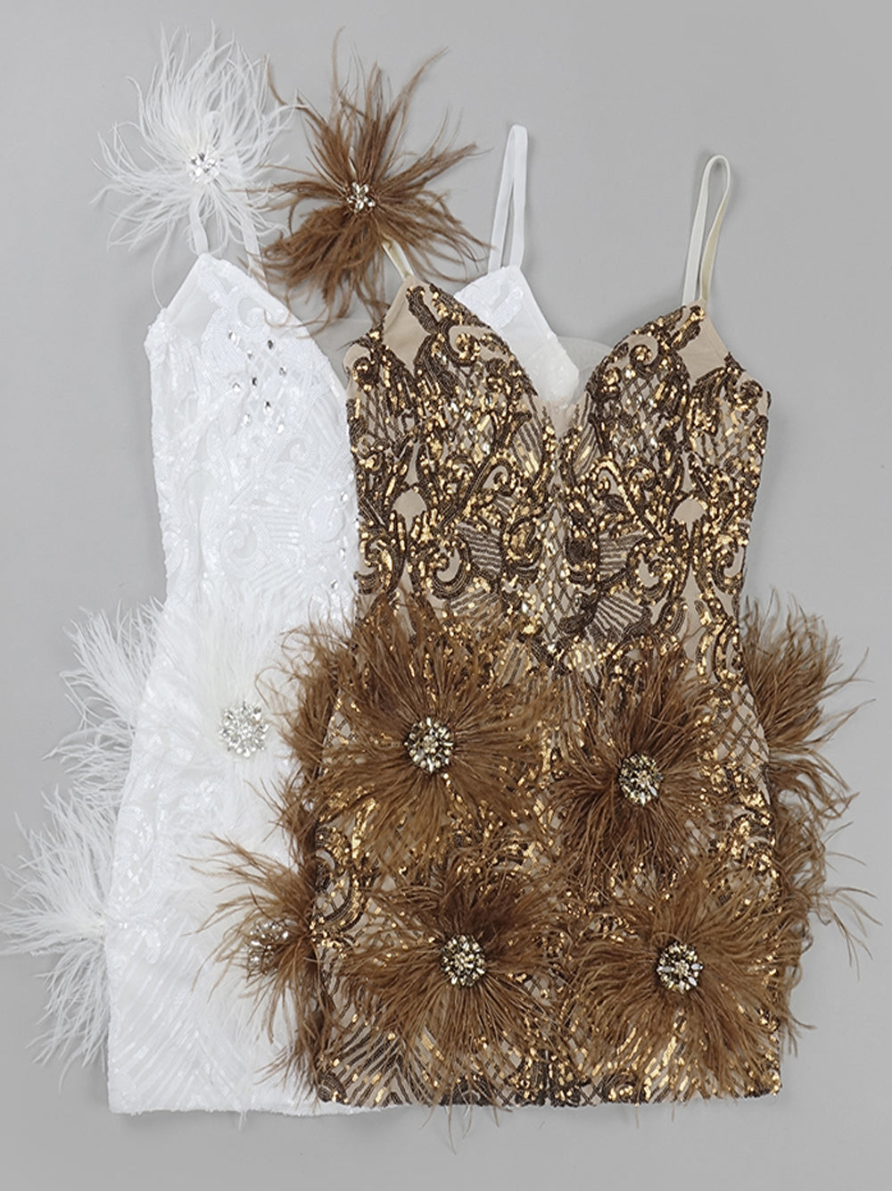 V-Neck Spaghetti Strap Sequin Feather Trim Bodycon Mini Dress 5