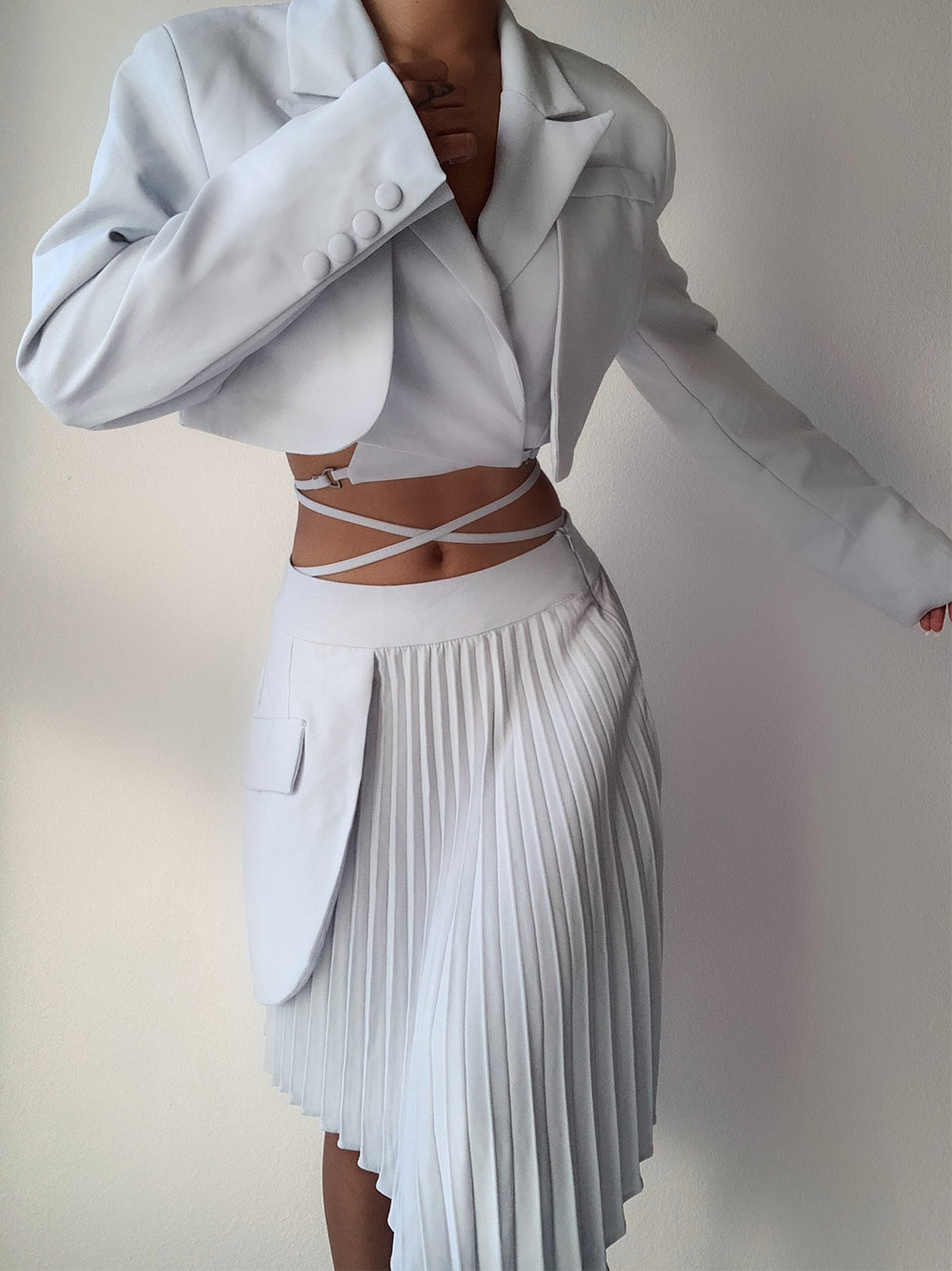 Light Blue Cropped Lace-Up Blazer and Pleated Asymmetric Skirt Set 2