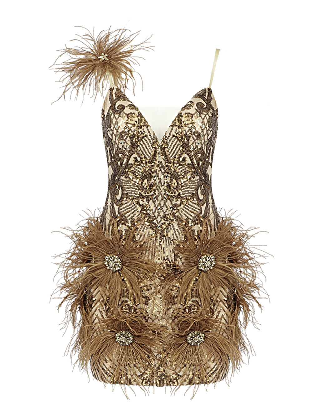 V-Neck Spaghetti Strap Sequin Feather Trim Bodycon Mini Dress