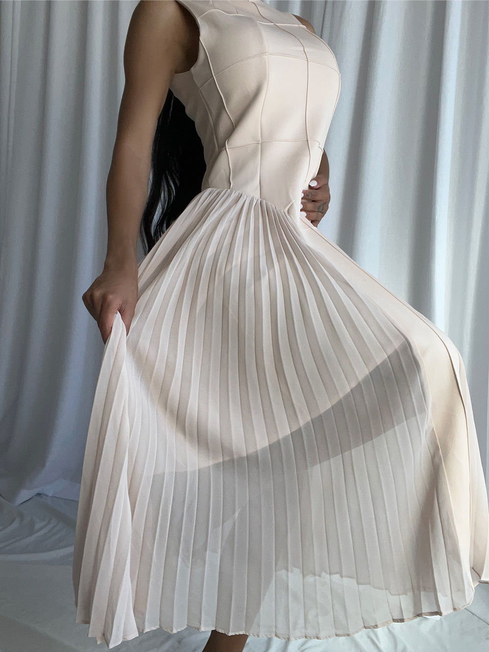 Apricot Mock Neck Sleeveless Grid Seam Pleated Fit And Flare Midi Dress