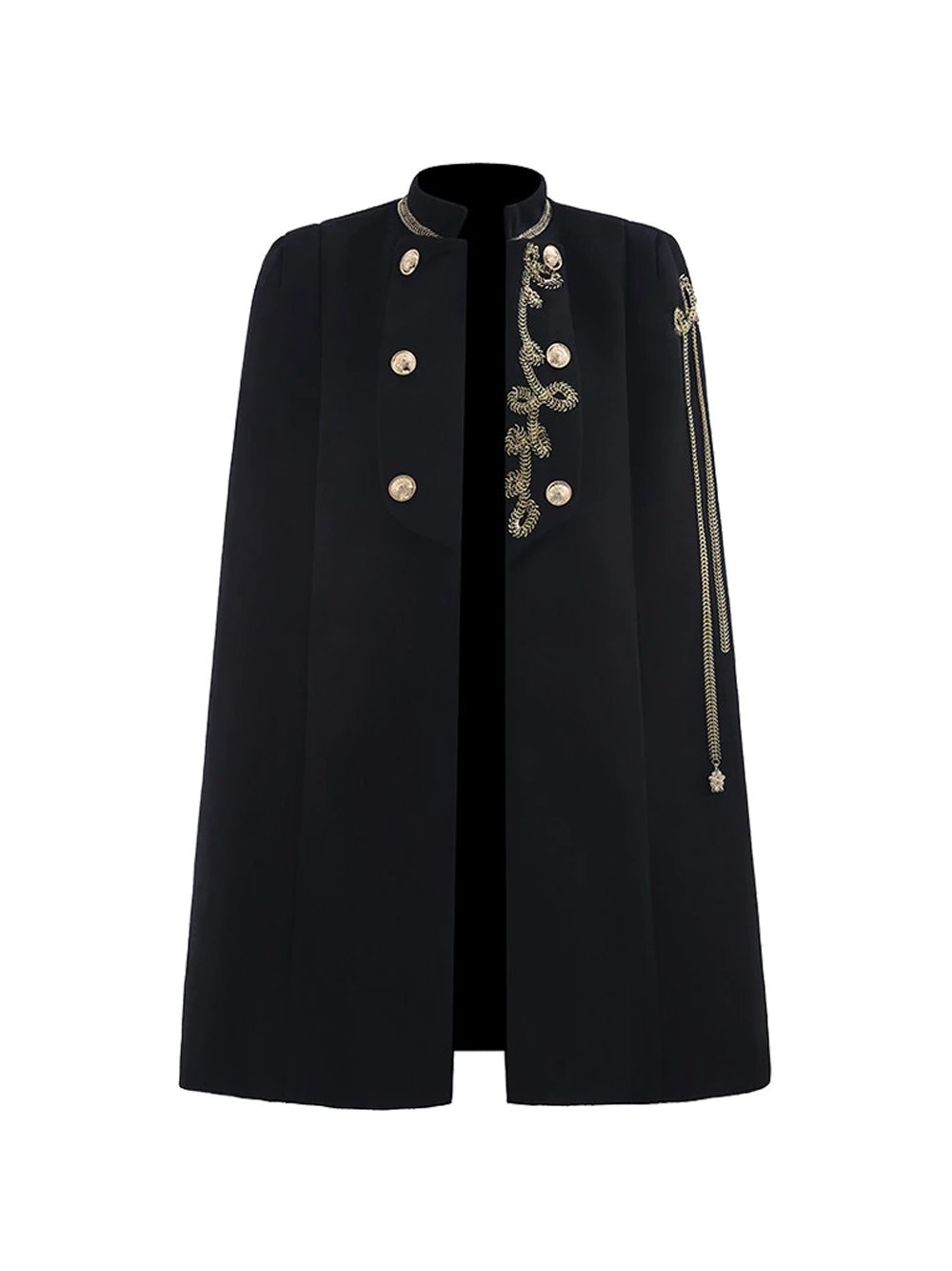 Black Stand Collar Gold Button Chain Embellished Military Cape