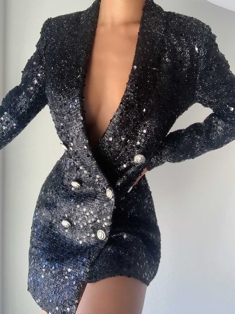 Black Shawl Lapel Sequin Double Breasted Blazer Mini Dress