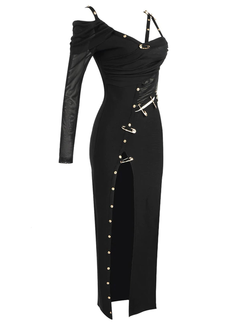 Black One Shoulder Long Sleeve Safety Pin High Slit Bodycon Midi Dress 7
