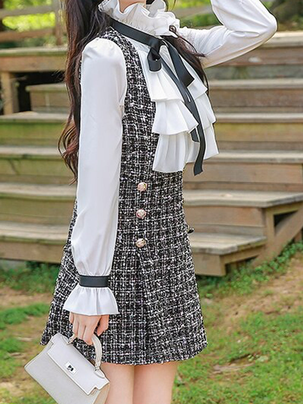 Gray Ruffle Bow Blouse and Tweed Pinafore Mini Dress Set