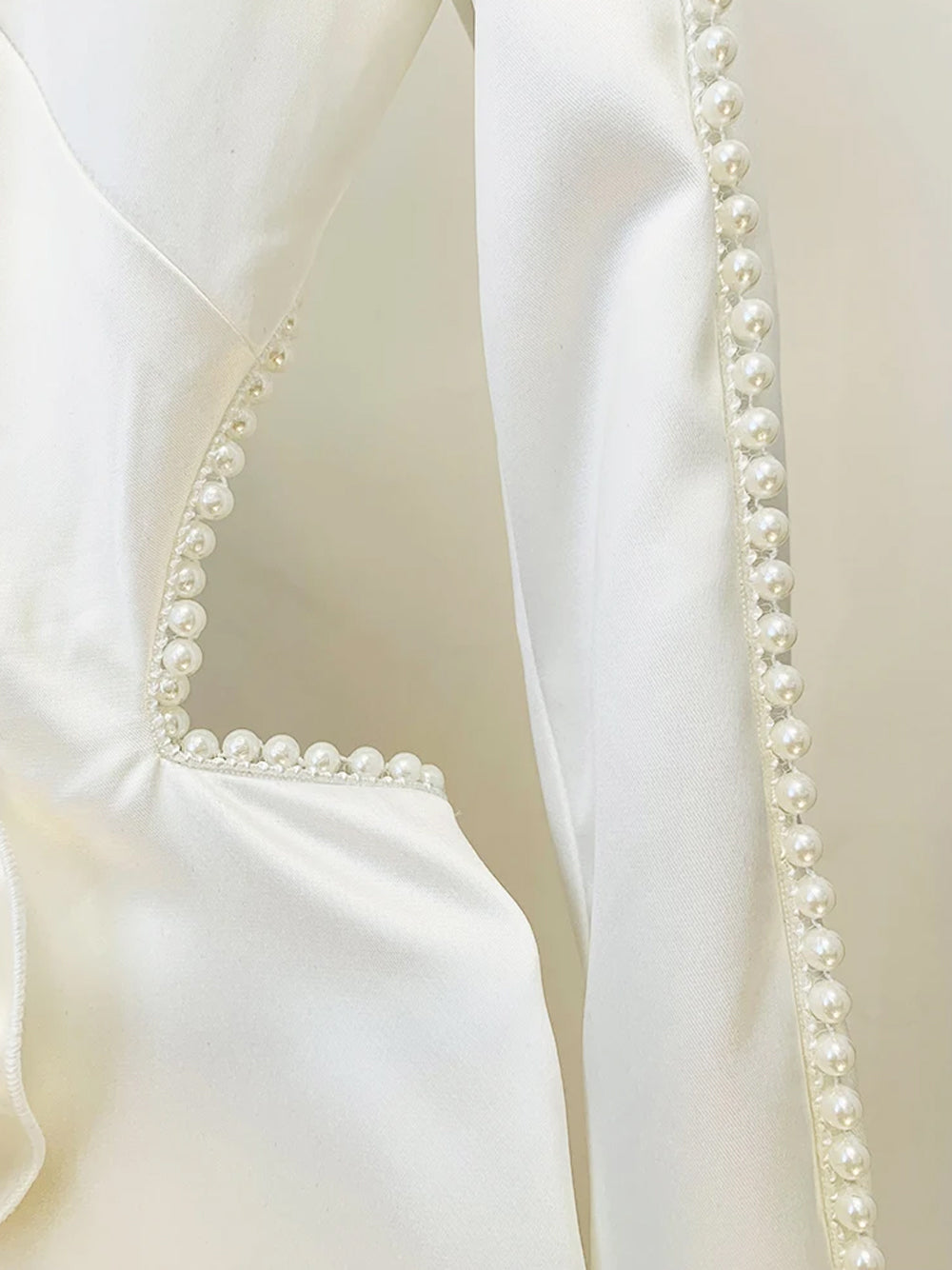 White Rosette Applique Satin Blazer and Pearl Beaded Pants Set