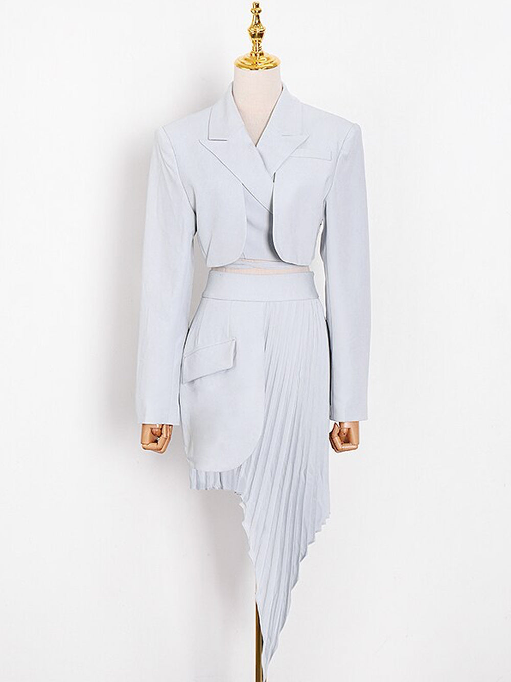 Light Blue Cropped Lace-Up Blazer and Pleated Asymmetric Skirt Set 11