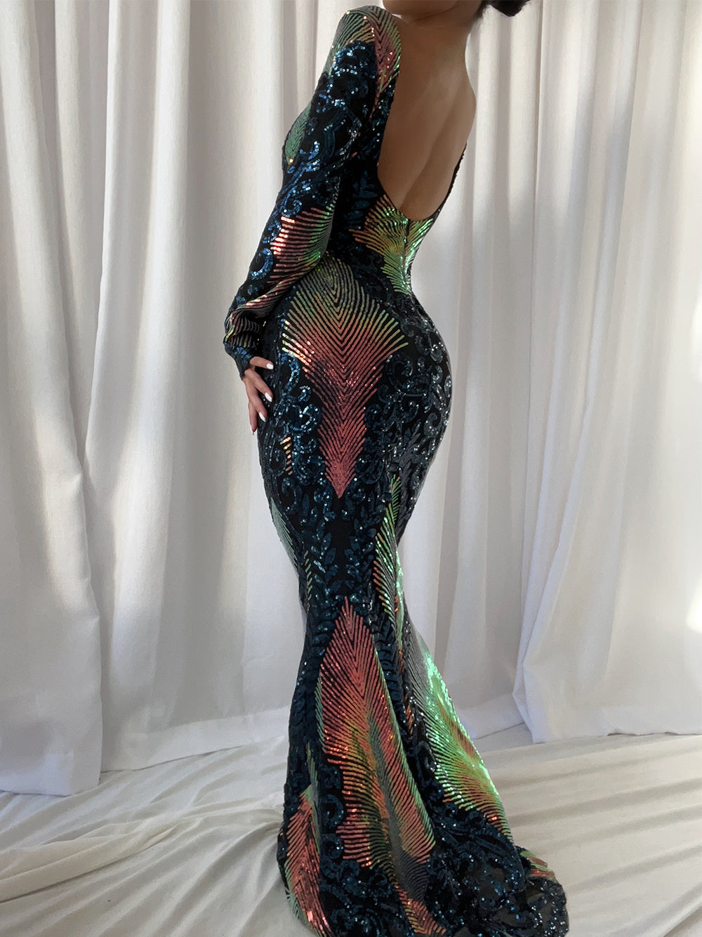 Multicolor Round Neck Long Sleeve Sequin Backless Mermaid Maxi Gown 2