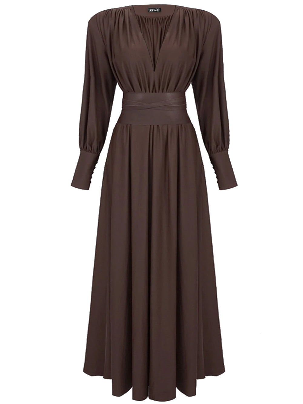 Brown Plunge V-Neck Ruched Crossover Waist Long Sleeve A-Line Maxi Dress