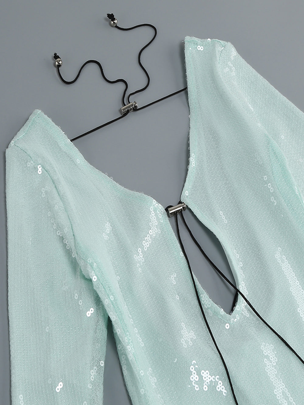 Light Mint Scoop Neck Sequin Ring Cutout Long Sleeve Bodycon Midi Dress 6