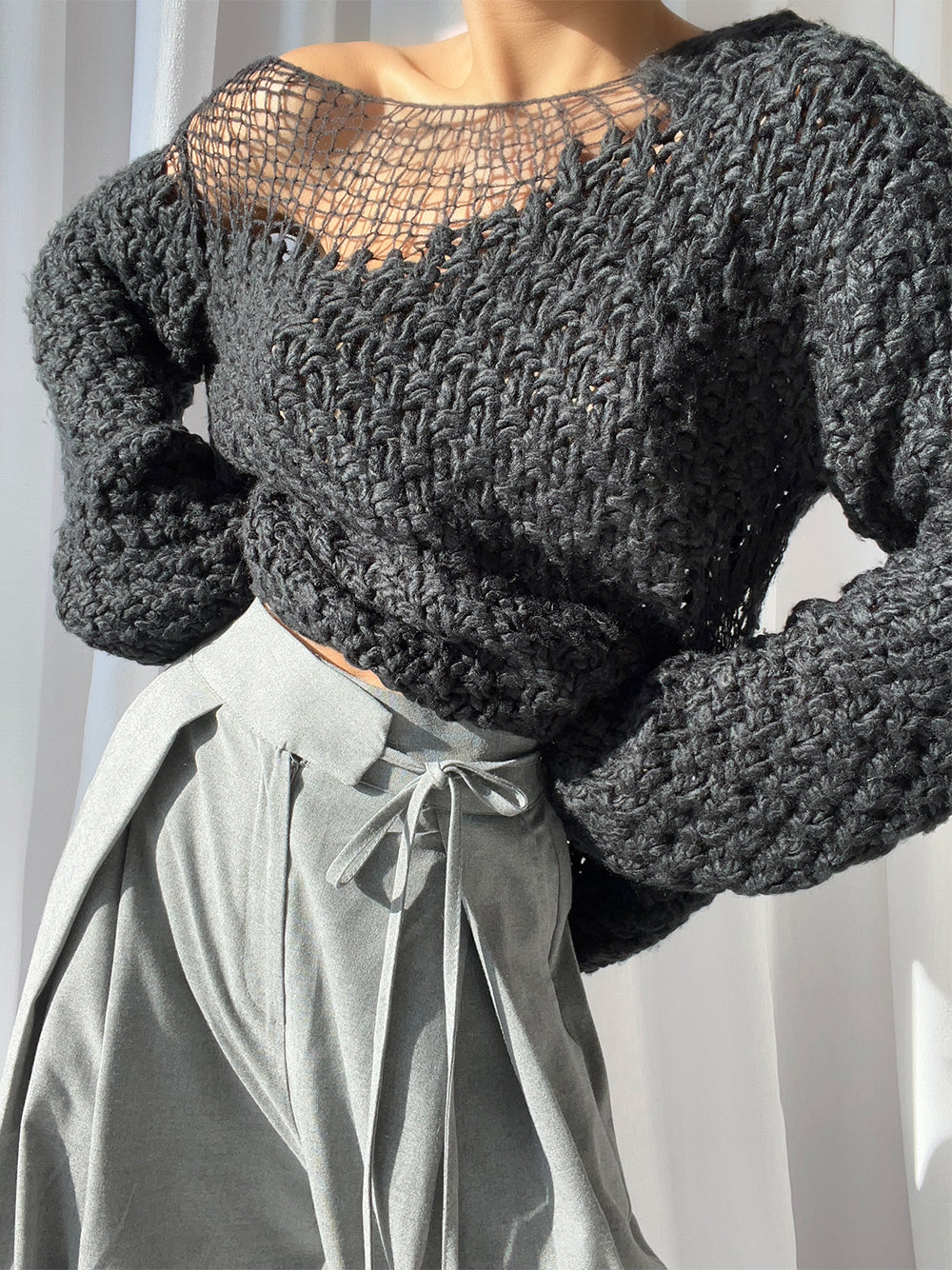 Black Boat Neck Open Crochet Knit Long Sleeve Crop Sweater
