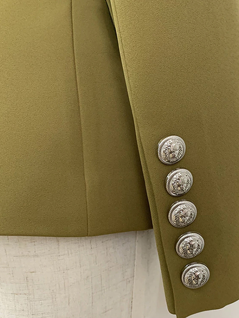 Green Peak Lapel Double Breasted Lion Button Fitted Blazer