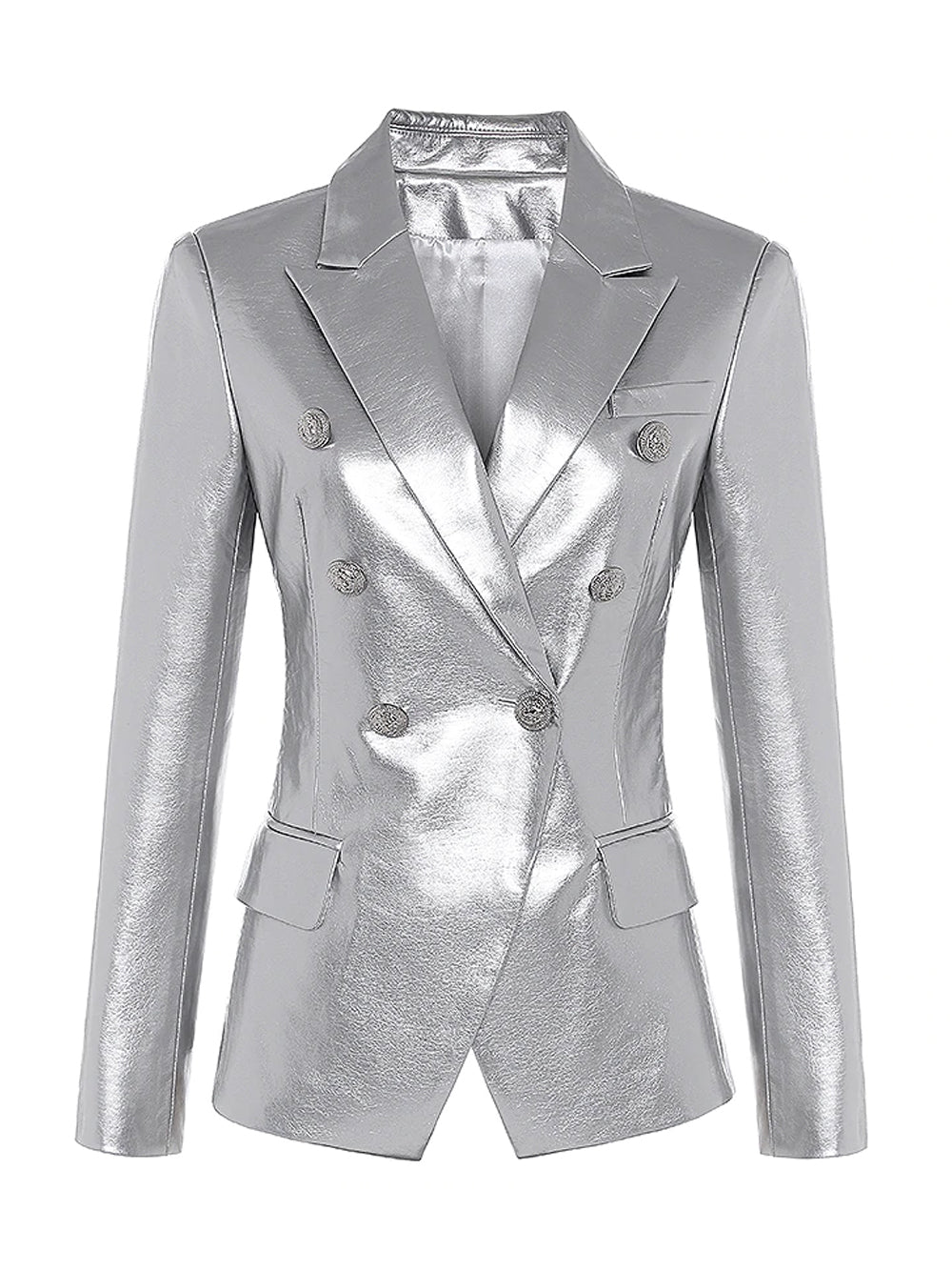 Silver Notched Lapel Double-Breasted Gold Button Metallic Leather Blazer 9