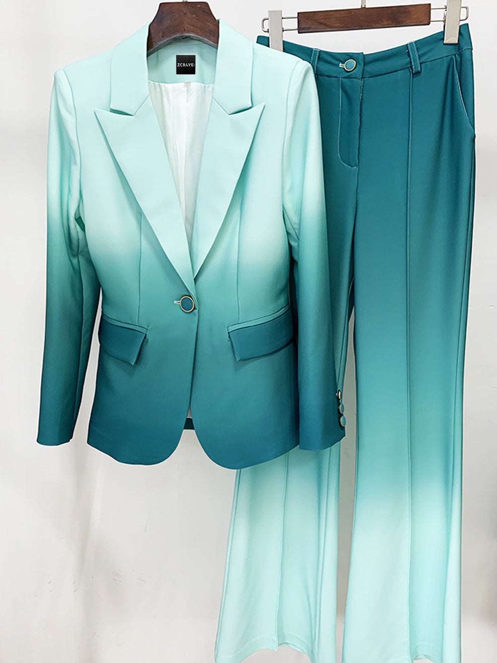 Blue Peak Lapel Ombre Single-Button Blazer and Flared Trousers Set 8