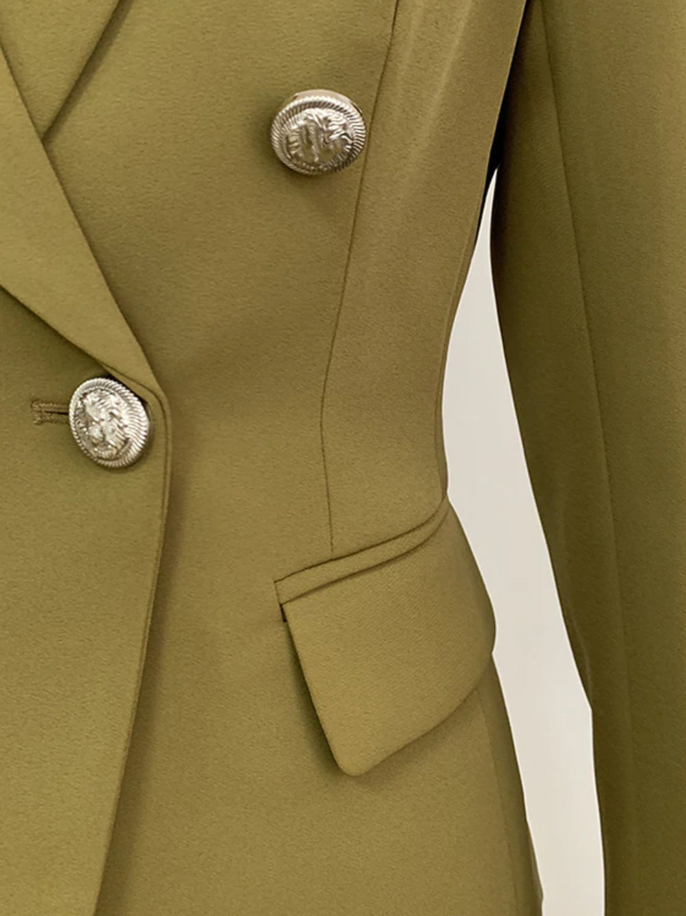 Green Peak Lapel Double Breasted Lion Button Fitted Blazer