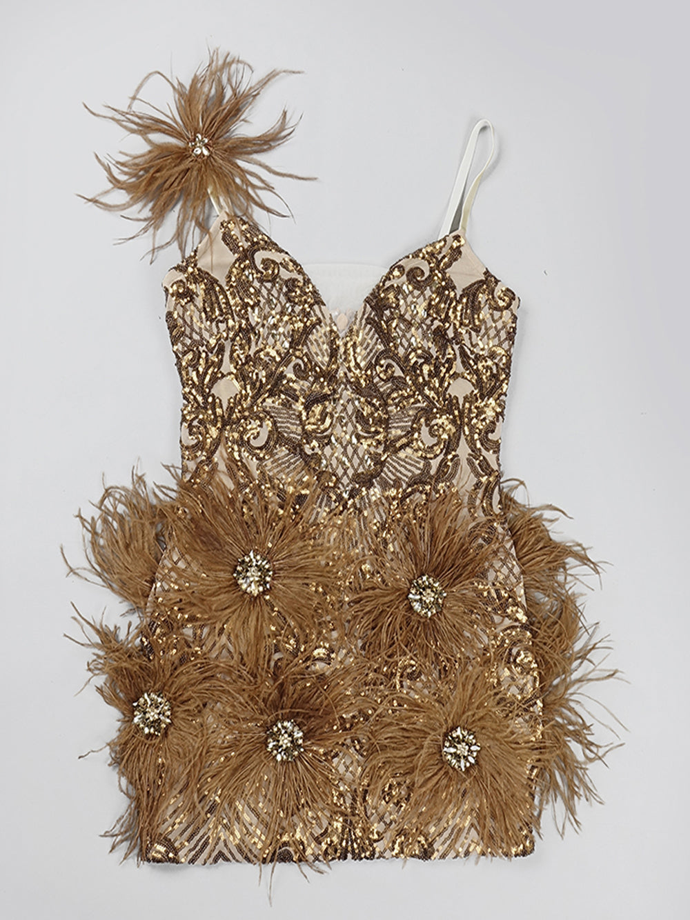 V-Neck Spaghetti Strap Sequin Feather Trim Bodycon Mini Dress 7