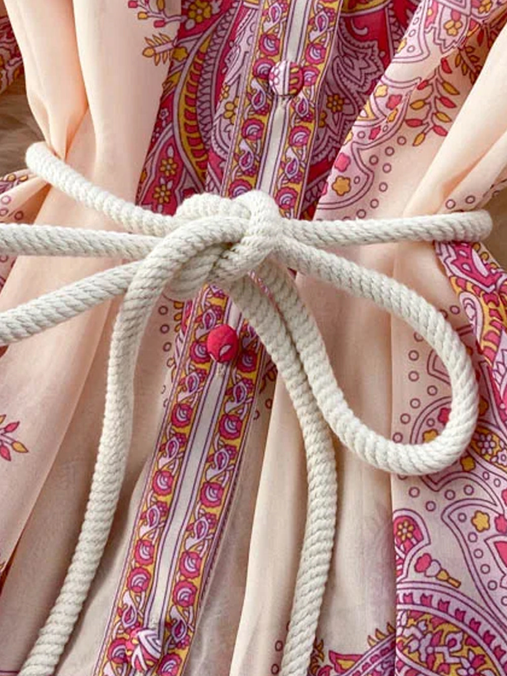 Pink Stand Collar Paisley Print Long Sleeve Belted Tiered Maxi Dress 10