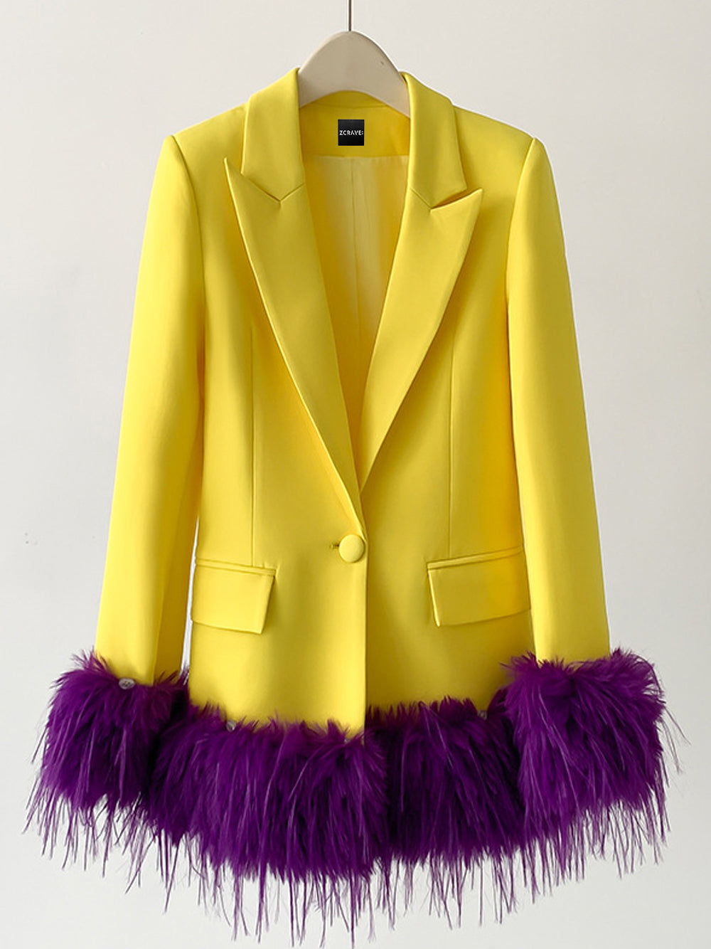 Yellow Peak Lapel Feather Trim Cuff Single Button Blazer