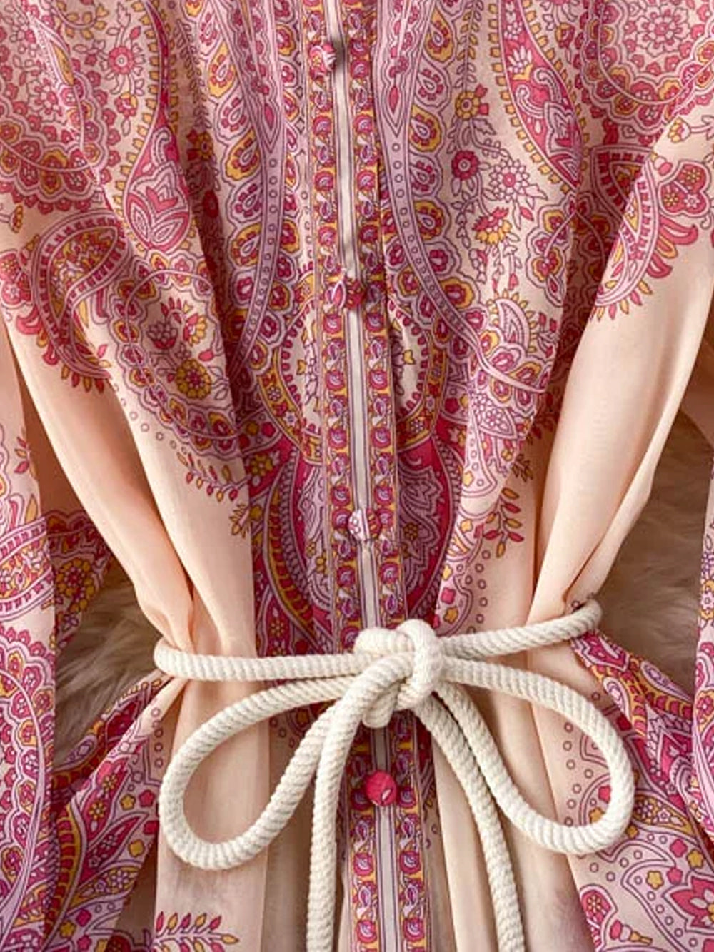 Pink Stand Collar Paisley Print Long Sleeve Belted Tiered Maxi Dress 9