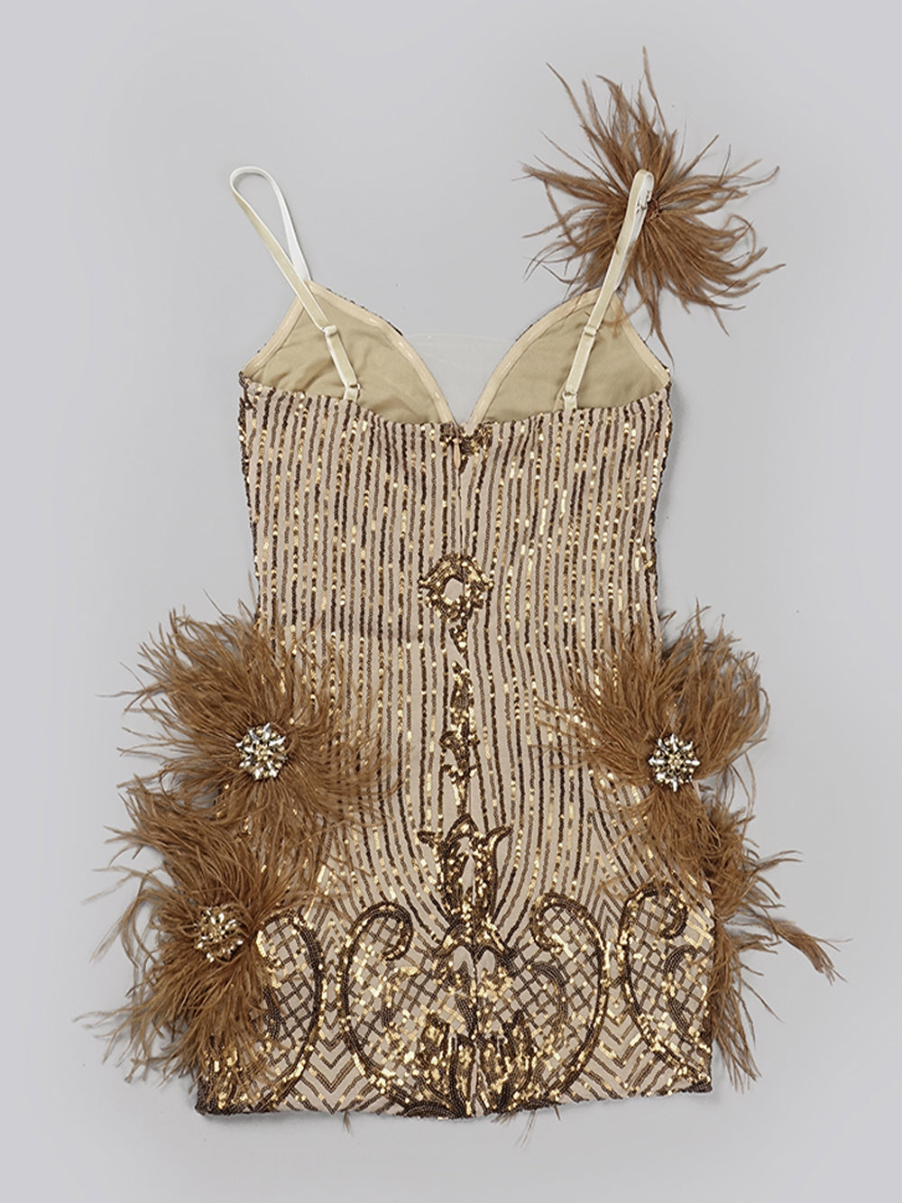V-Neck Spaghetti Strap Sequin Feather Trim Bodycon Mini Dress 8