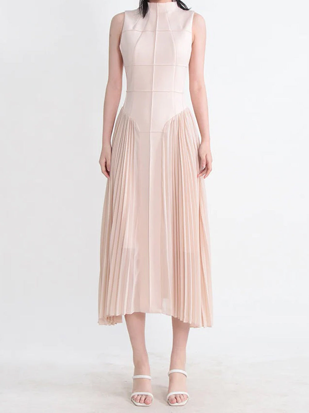 Apricot Mock Neck Sleeveless Grid Seam Pleated Fit And Flare Midi Dress