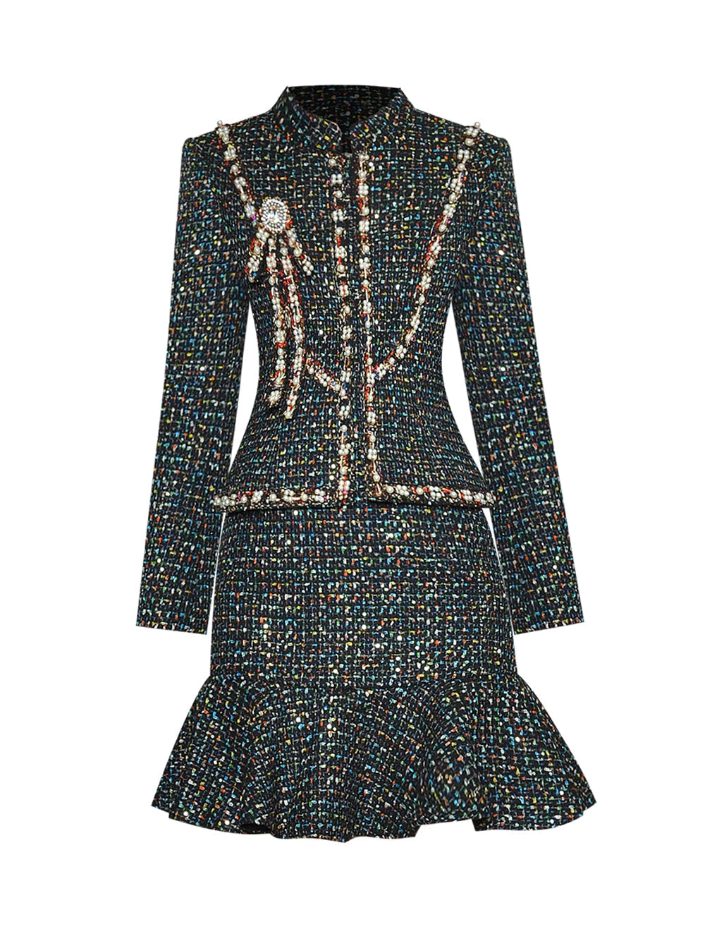 Multicolor Pearl Embellished Tweed Jacket Ruffle Hem Skirt Set