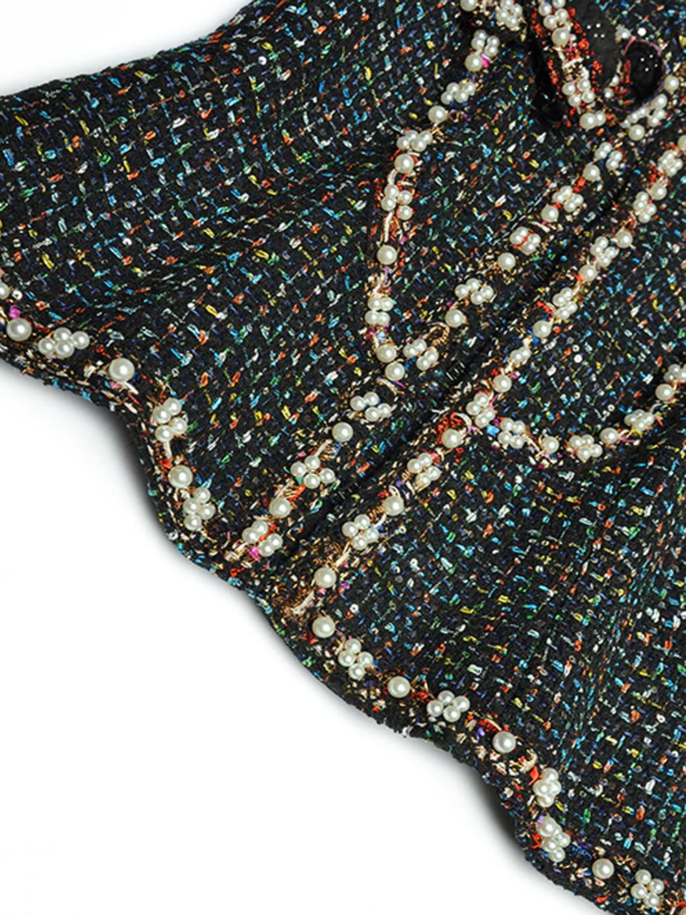 Multicolor Pearl Embellished Tweed Jacket Ruffle Hem Skirt Set 5