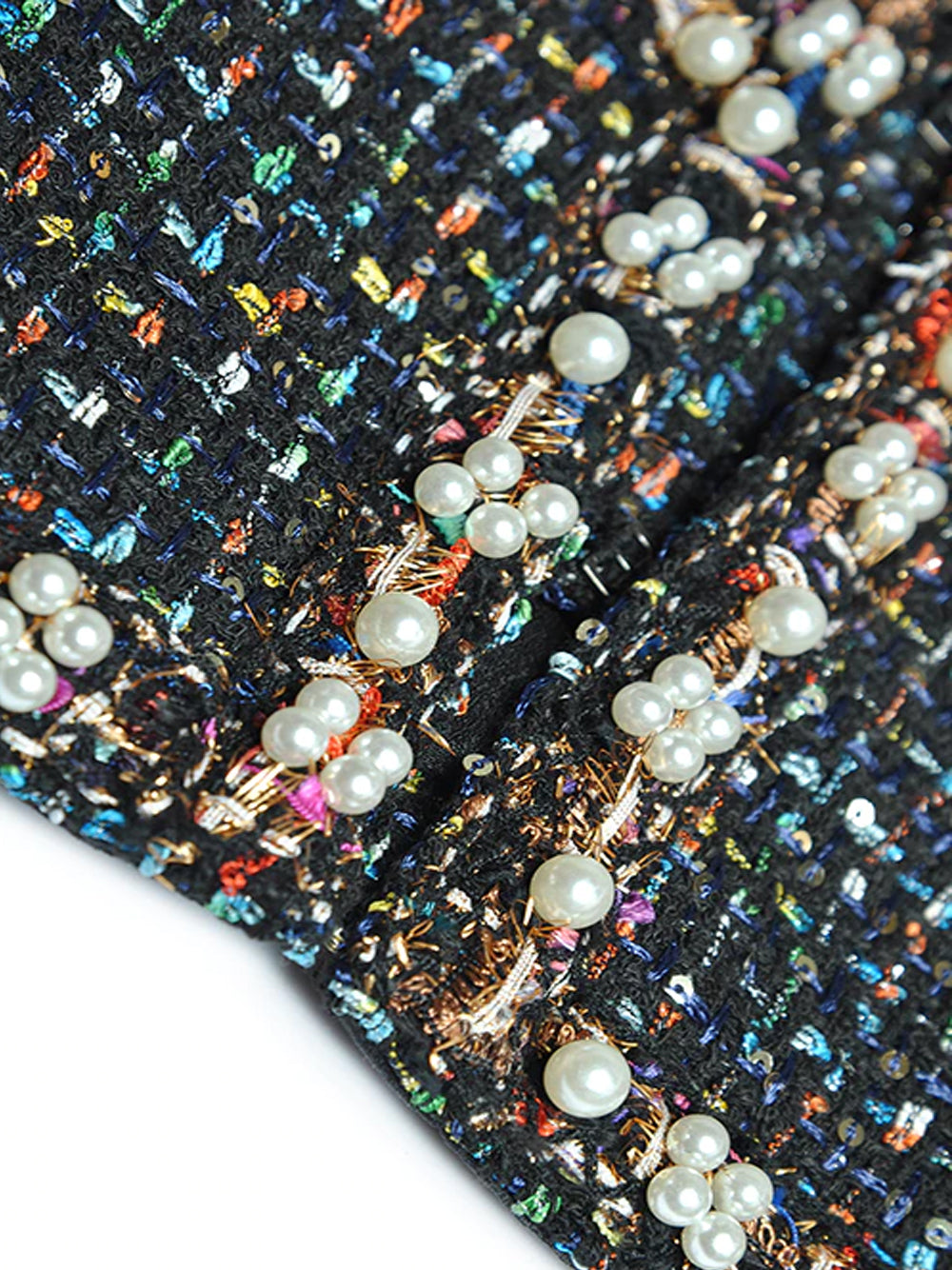 Multicolor Pearl Embellished Tweed Jacket Ruffle Hem Skirt Set 6