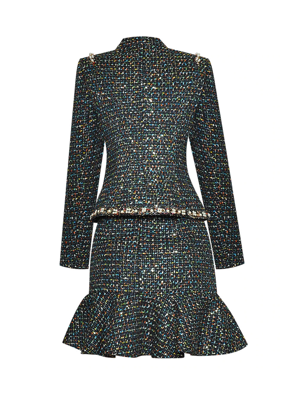 Multicolor Pearl Embellished Tweed Jacket Ruffle Hem Skirt Set 2