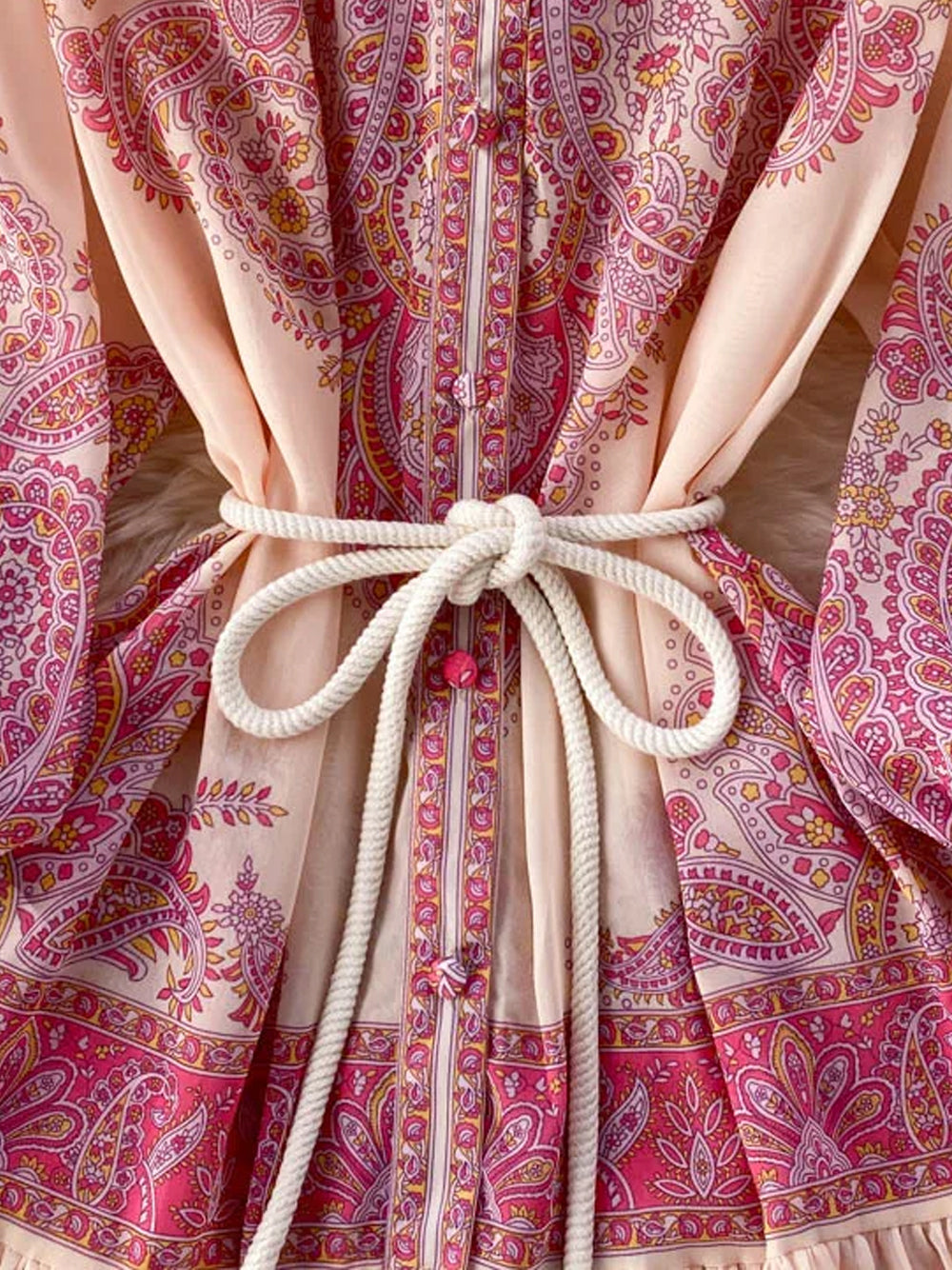 Pink Stand Collar Paisley Print Long Sleeve Belted Tiered Maxi Dress 12