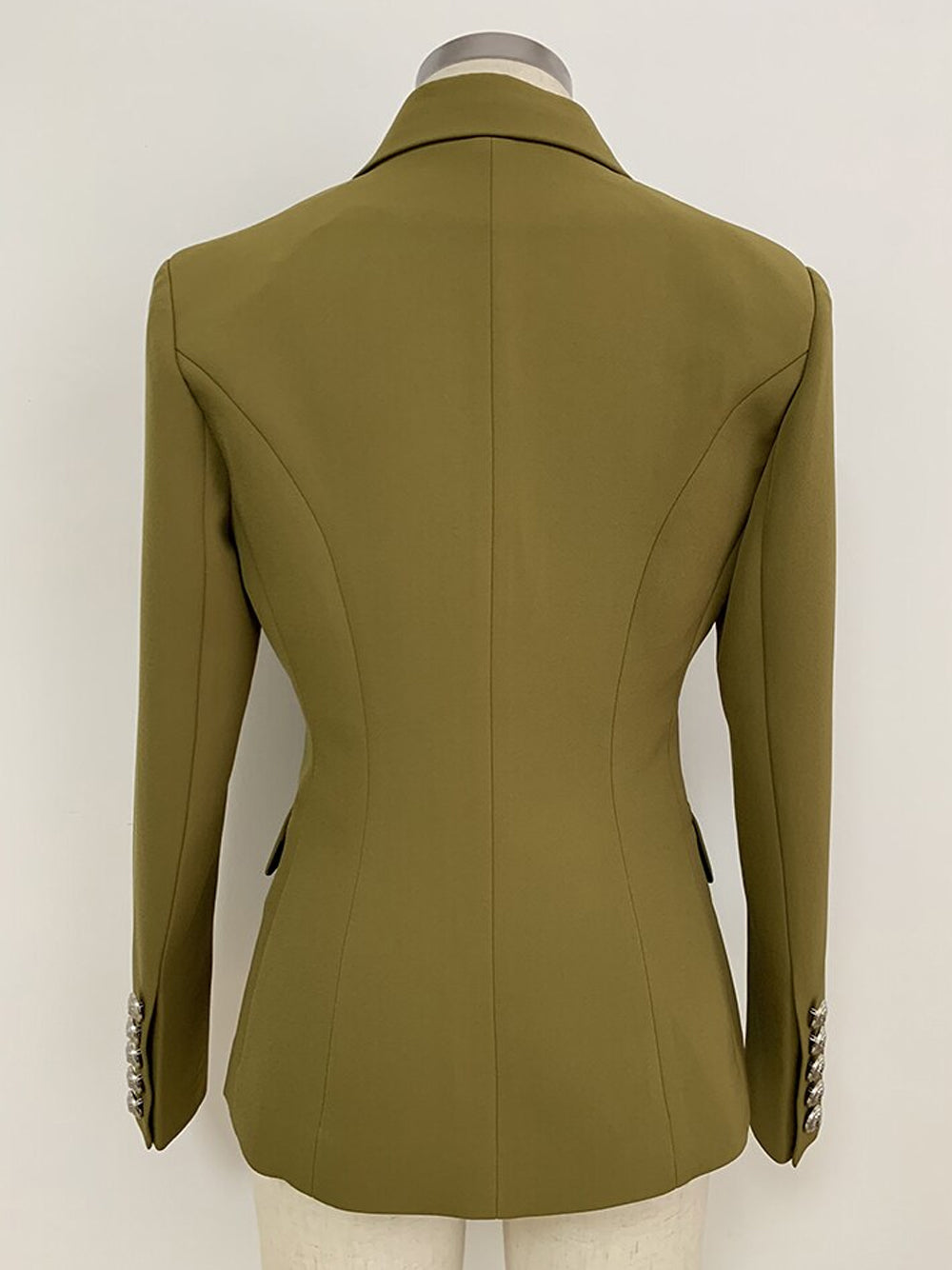 Green Peak Lapel Double Breasted Lion Button Fitted Blazer